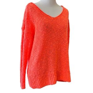 MUDD Y2K SLUB KNIT OVERSIZED V NECK SWEATER NEON CORAL ORANGE SIZE SMALL